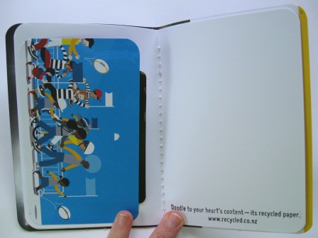 Inside view of the notebooks made from WCC brochures with pockets cut and stuck inside to hold business cards